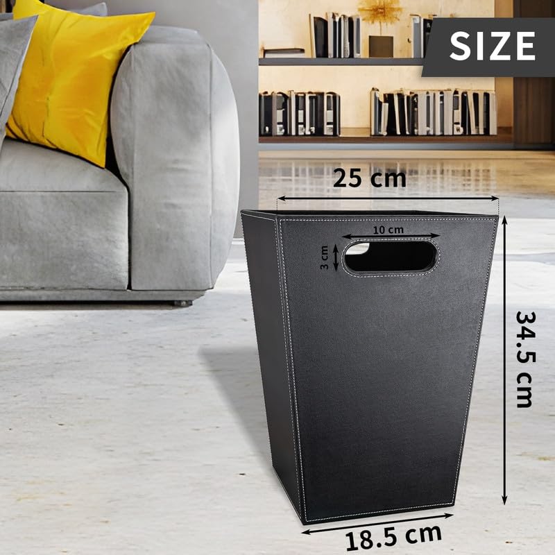 Pu Leather Trash Can for Bedroom, 16L/4.2 Gallon Office Wastebasket with Handles for Near Desk, Black Bathroom Garbage Cans for Home Decorative, Square Waste Basket Bin for Dorm Easy to Clean