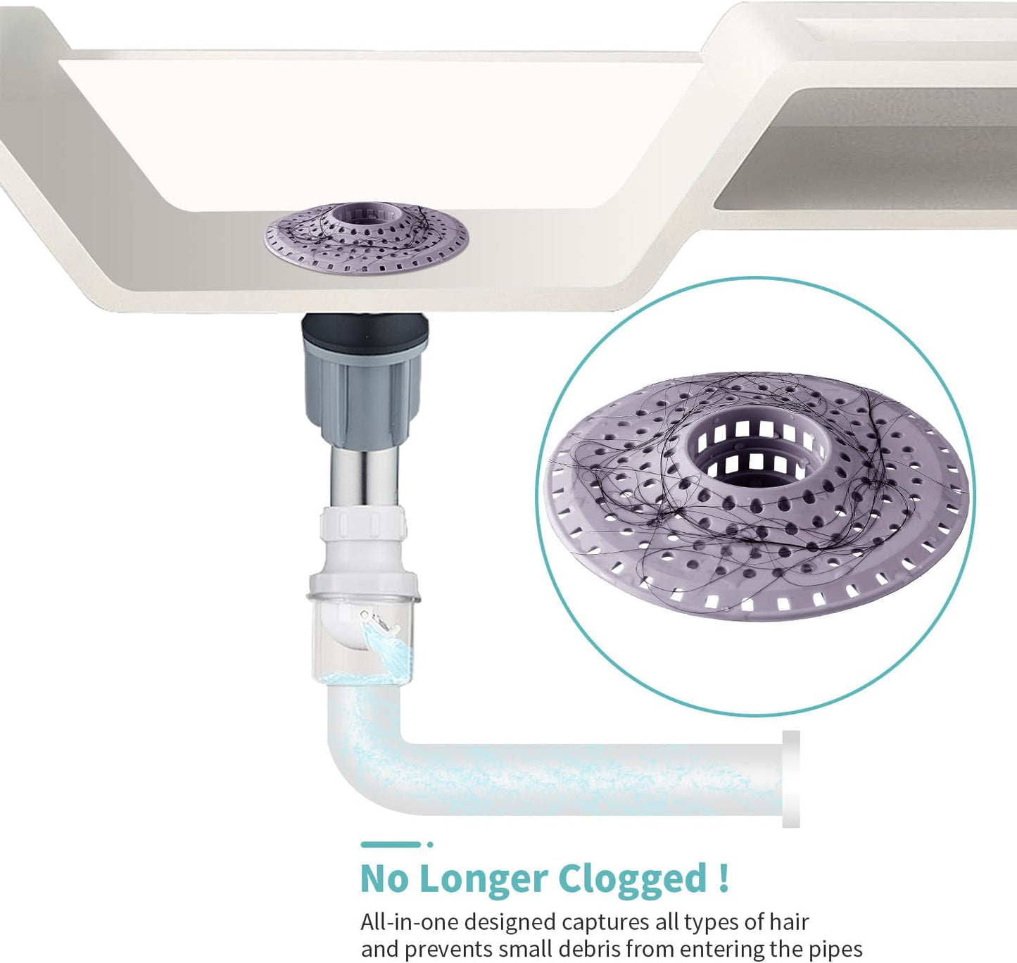 Shower Hair Drain Catcher, Silicone Bathtub Drain Hair Catcher Strainer, All-in-one Tub Hair Catcher Drain Protector for 1.48'' to 1.76'' Regular Drains, 3PCS/Black Aqua Purple