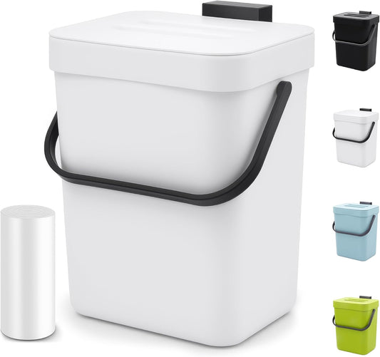 Indoor Compost Bin - 1.3 Gallons Hanging Small Trash Can with Lid for Kitchen Bathroom, Under Sink Kitchen Trash Can, Indoor Counter Compost Bucket with Lid, 5L(White)