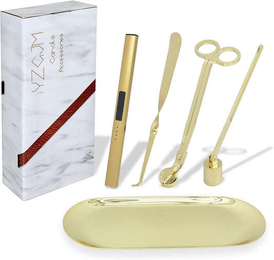 Exquisite Candle Accessories Tool Pack Bag, Rechargeable Electric Lighter， Wick Trimmer, Dipper, Snuffer and Tray Holder Elegant Kit Gift for Candle Lovers in Dating, Valentines Decor. ( Lemon Gold )