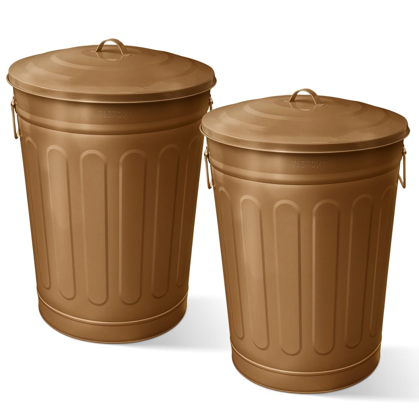 Plexon Round Trash Can 13 Gallon, Vintage Metal Outdoor Trash Can with Lid, Retro Farmhouse Garbage Container, Old School Modern Ash Bucket, Copper 2 Pack