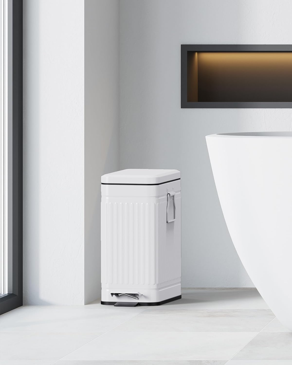 Small Trash Can with Lid Soft Close-10L/2.6 Gal Stainless Steel Outdoor Dog Poop Garbage Can-Metal Waste Bins with Pedal for Bathroom Bedroom Office-White