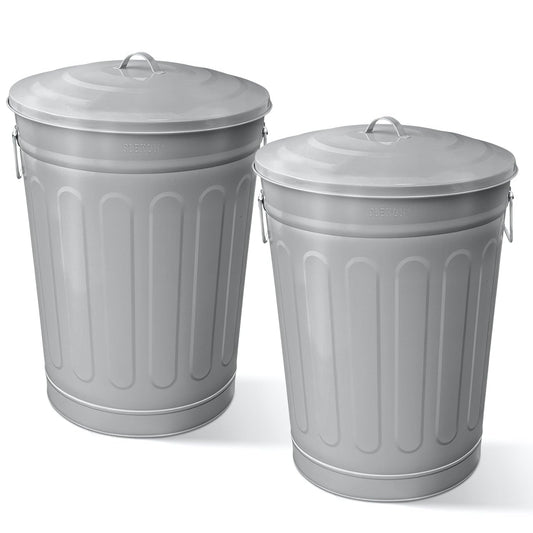 Plexon Round Trash Can 13 Gallon, Vintage Metal Outdoor Trash Can with Lid, Retro Farmhouse Garbage Container, Old School Modern Ash Bucket, Gray 2 Pack