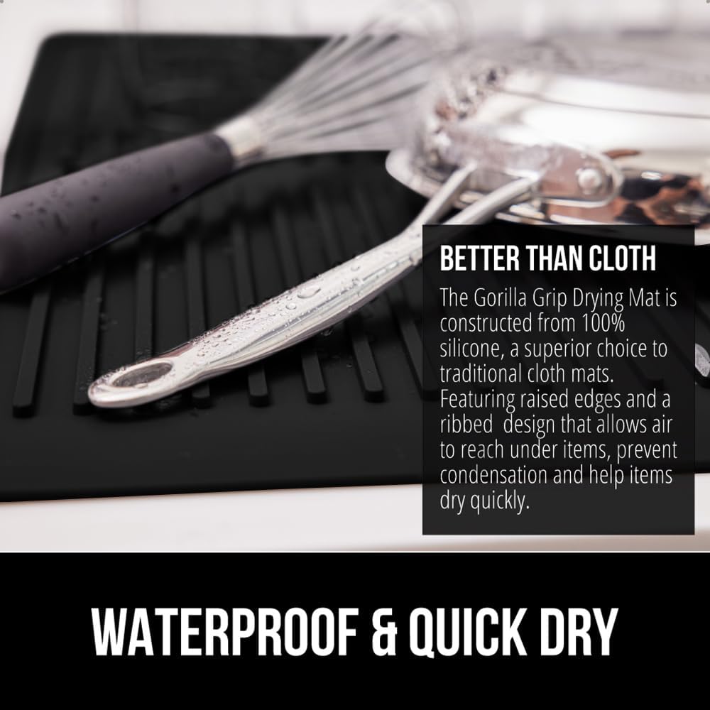 GORILLA GRIP 100% BPA-Free Patented Silicone Dish Drying Mat for Kitchen Counter, 18x16 Inch, Water Catching Ribbed Design, Easy Clean Waterproof Sink Liner, Heat Resistant, Fits Under Rack, Black