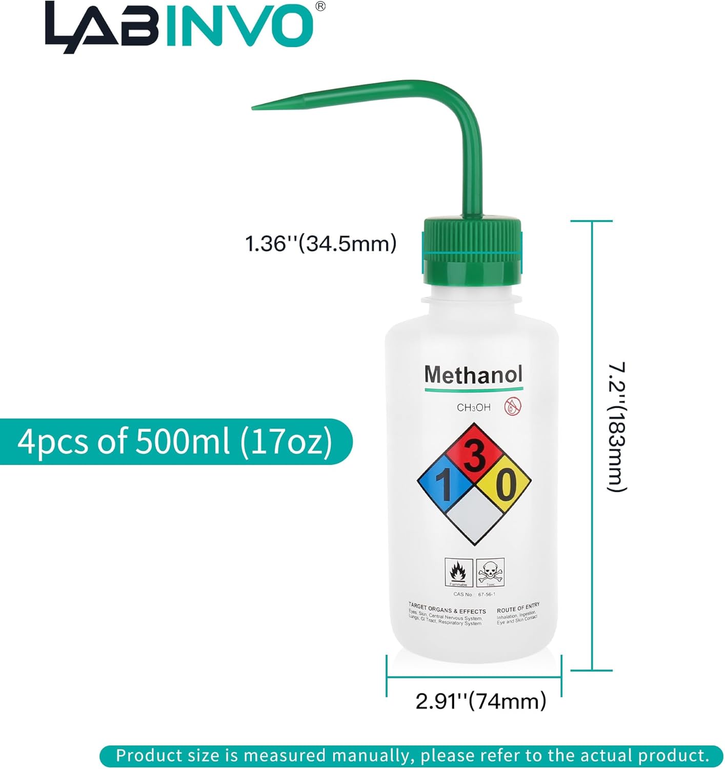4pcs of Methanol Wash Bottles, Vol.500ml (17oz), Narrow Mouth, Self-Venting Safety Wash Bottles, LDPE Material, IN-WBM500