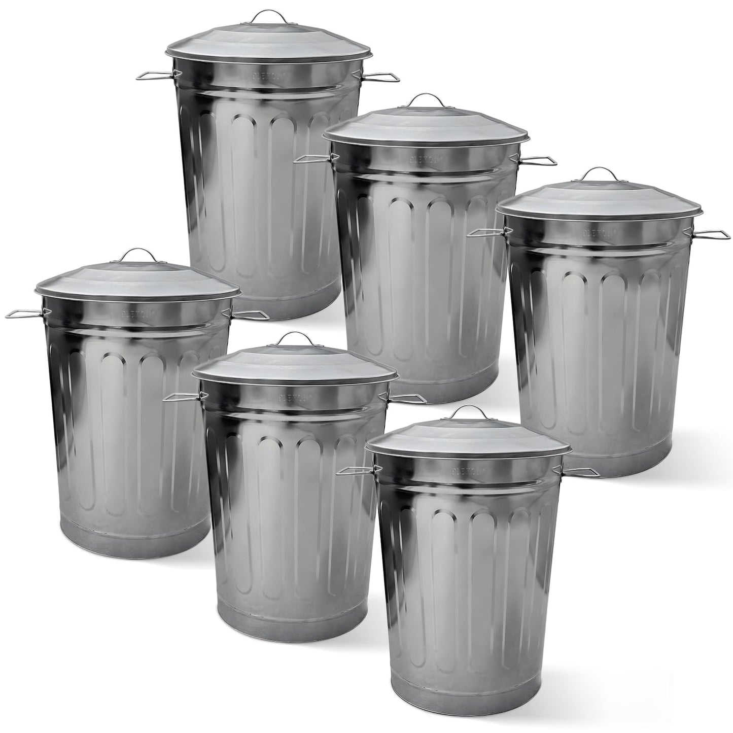 Plexon Round Trash Can 13 Gallon, Vintage Metal Outdoor Trash Can with Lid, Retro Farmhouse Garbage Container, Old School Modern Ash Bucket, Galvanized Steel 6 Pack