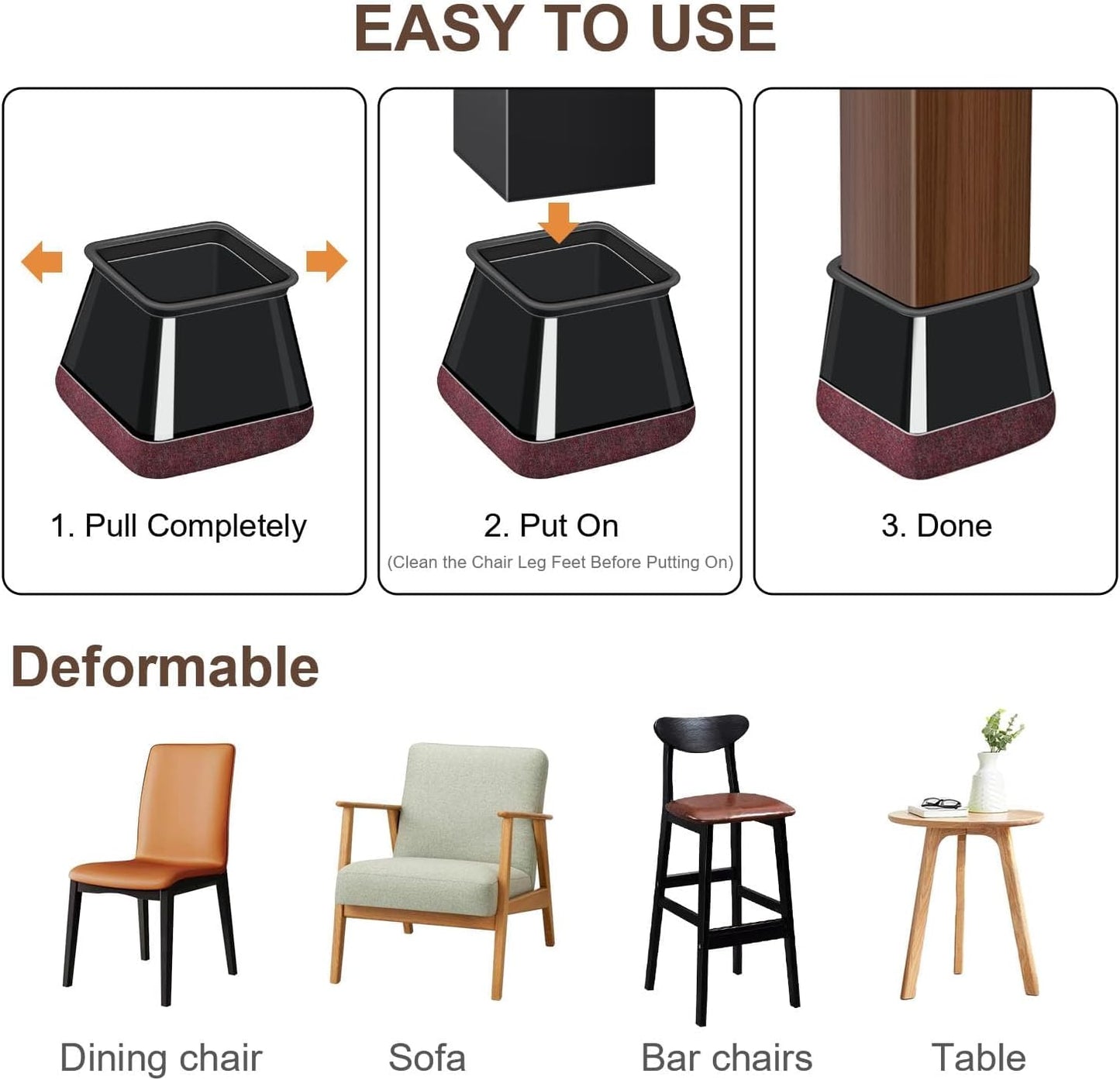 20 Pcs Chair Leg Floor Protectors for Hardwood Floors, Black Rubber Furniture Sliders with Felt, Silicone Furniture Leg Caps Covers (Fit Square Diameter:1.5" to 1.75")