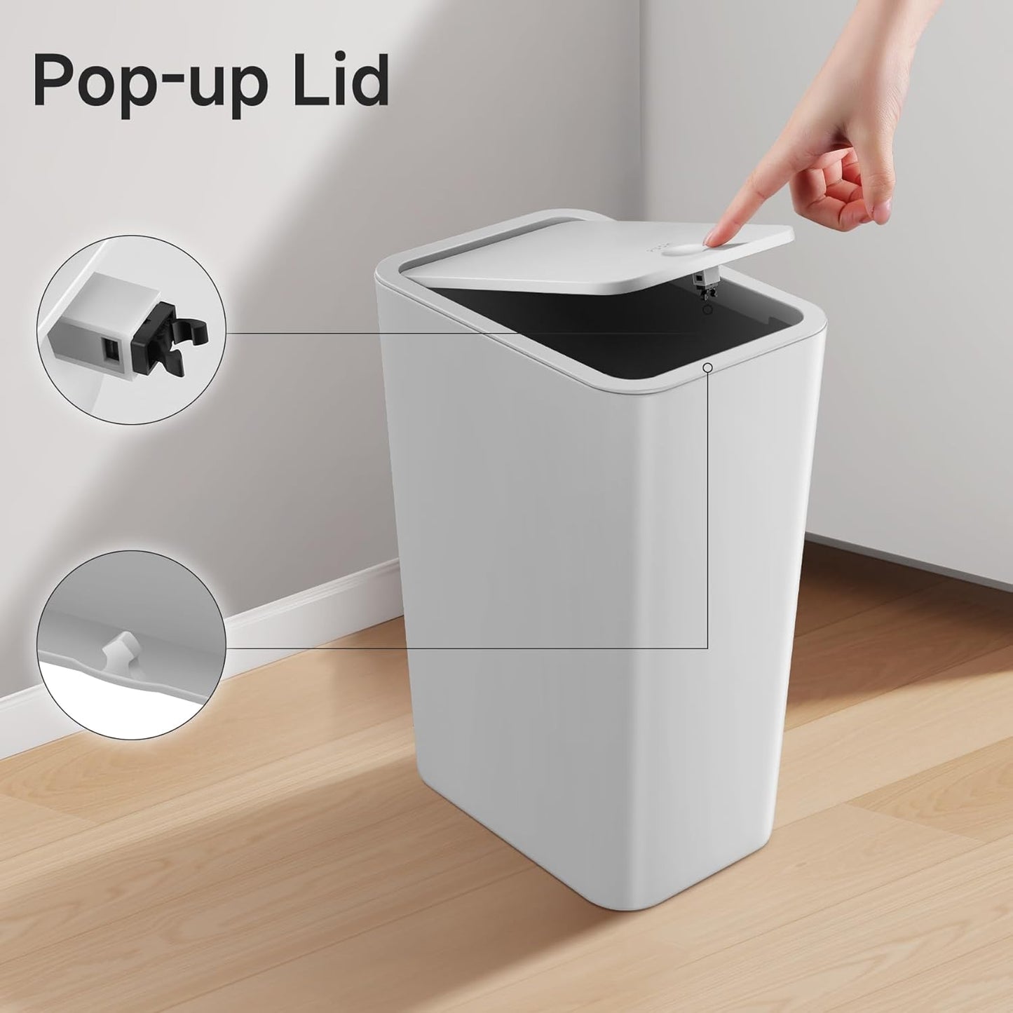 TIPGO Bathroom Trash Can with Lid, 4 Gallon / 15 Liter Small Garbage Can, Press Top Bin, Plastic Wastebasket with Pop-Up Lid for Bedroom, Living Room, Office (Grey, 2 Pack)