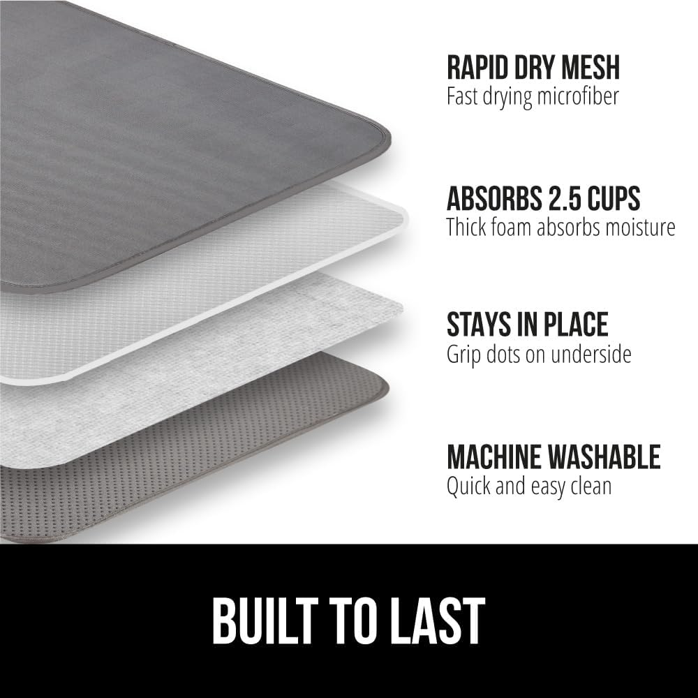 GORILLA GRIP Ultra Water Absorbent Microfiber Dish Drying Mat, Quick Dry Thick Mesh, Slip Resistant Pad for Sink Dishes or Under Rack, Kitchen Counter Accessories, 16x18, Machine Wash, 2 Pack Gray