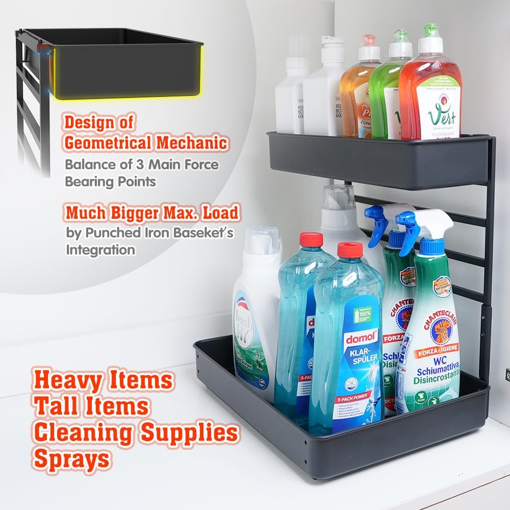 EVERIE Height Adjustable 2 Tier Metal Pull Out Slide Shelf Organizer for Under Sink Cabinets in Kitchen, Bathroom, with Snap-on Top Tray, 16" Deep (Black, 2 Sets)