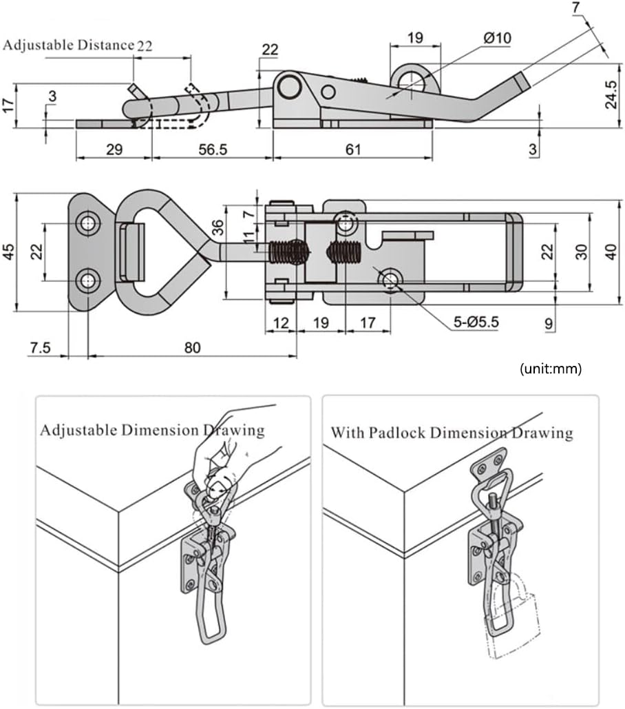 Adjustable Latch Buckle Cabinet Boxes Lever Handle Toggle Catch Latch Lock,Silver,Adjustable Range 126-148mm,2 Pcs