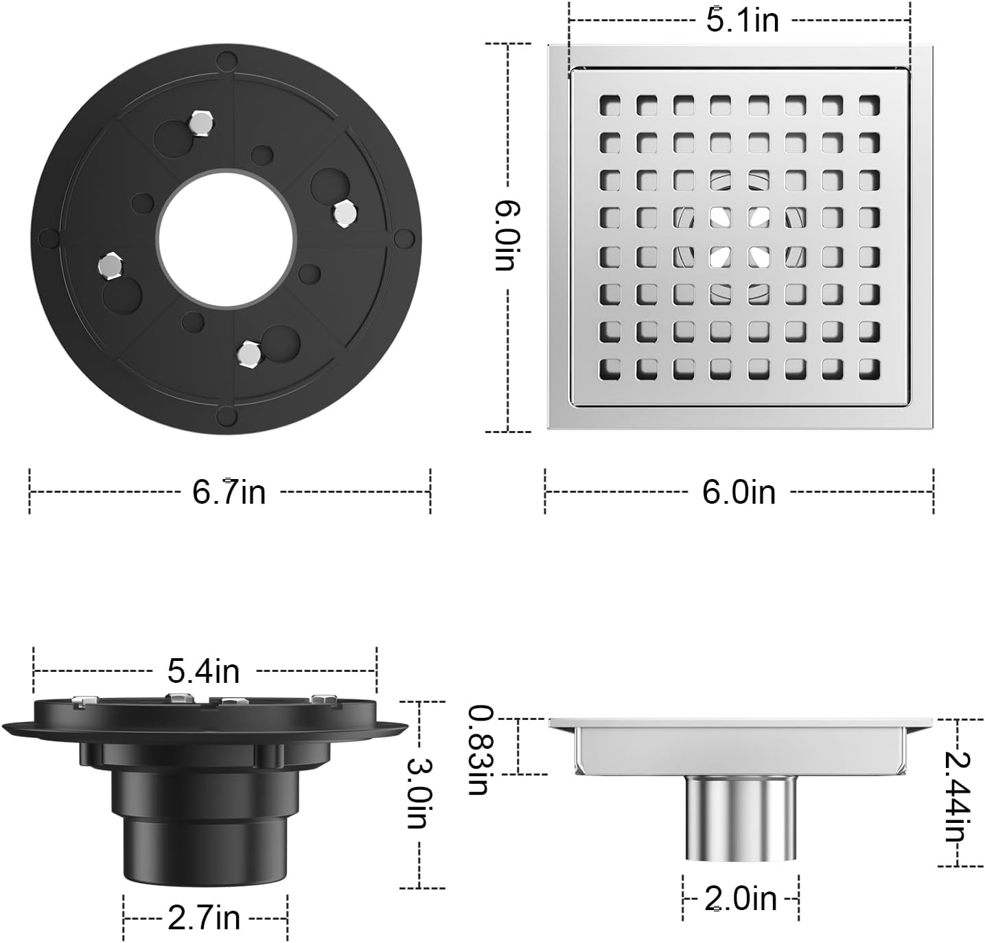 6 Inch Square Shower Drain Chrome, Bathroom Floor Drain, Stainless Steel Drain Kit with Flange, Removable Grid Cover, Hair Strainer