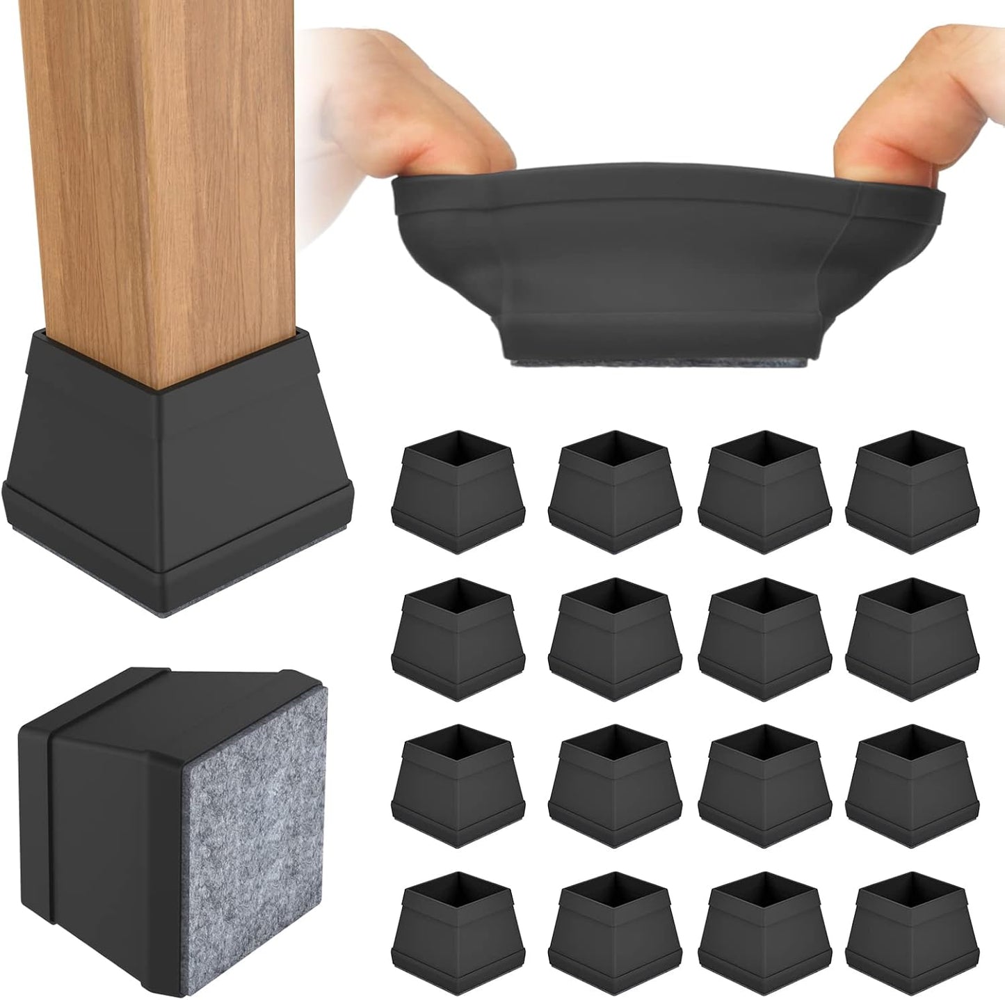 16 PCS Square Chair Leg Floor Protector, Silicone Chair Leg Cover, Furniture Leg Protectors with Felt, Mobile Table Leg pad, Protect The Floor from Scratches.1 1/2 in Black.