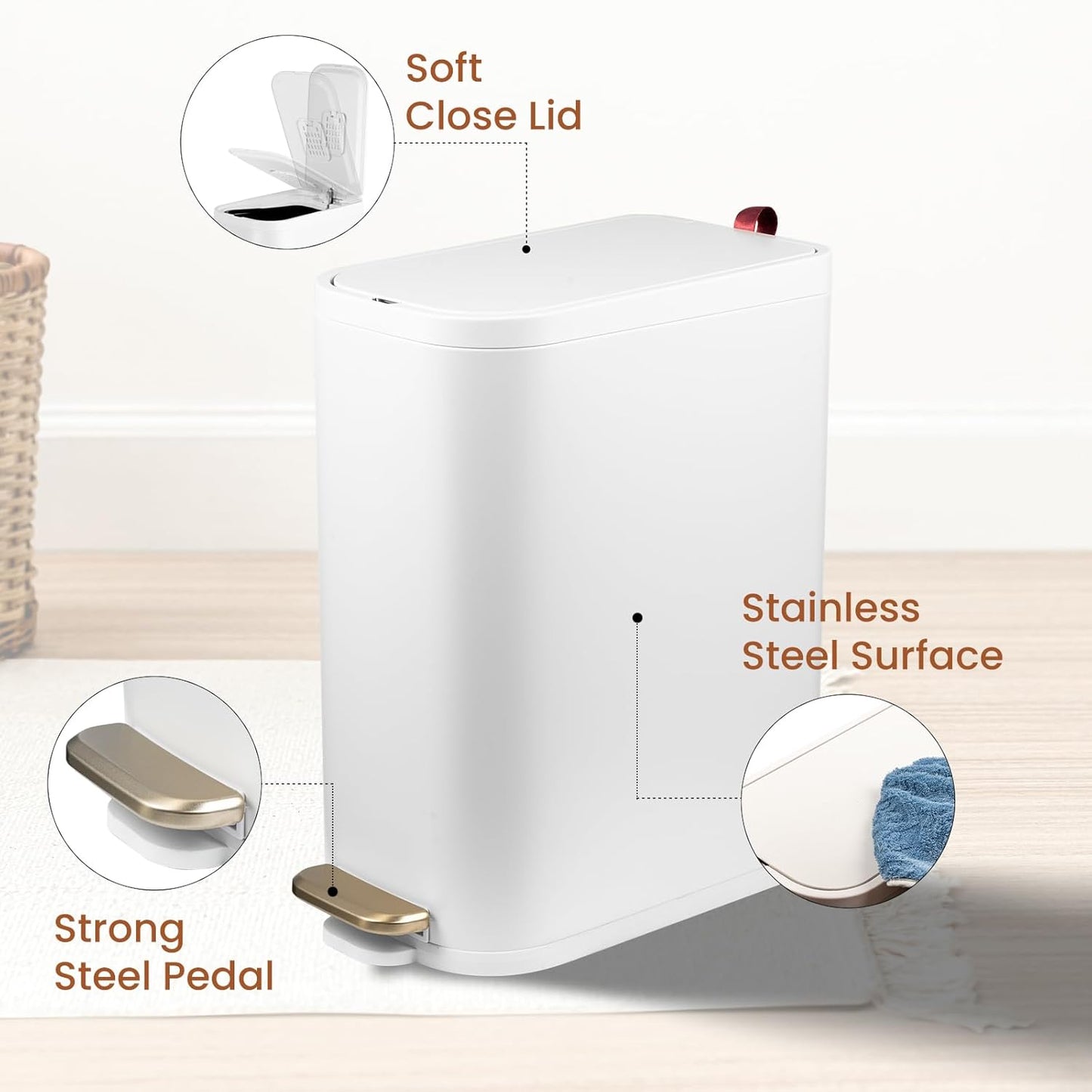 BETHEBEST Bathroom Trash Can with Lid,Stainless Steel Garbage Can with Removable Inner Bucket,Soft Close,Step Pedal,15 Liter/4 Gallon Trash Can for Bathroom,Bedroom,Kicthen,Office(White)