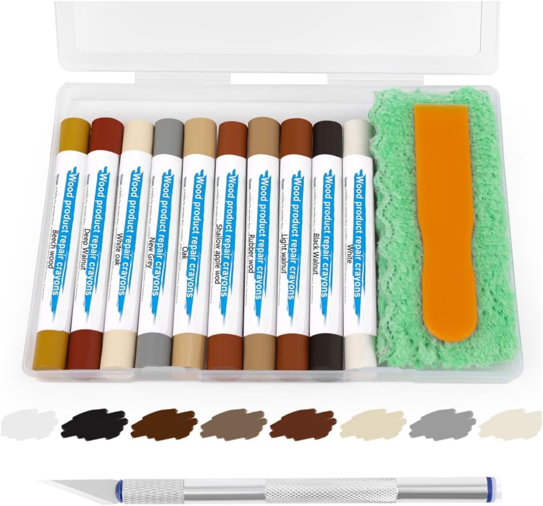 Wood Filler Sticks with 1P Box, 1P Knife, 1P Scraper and 1P Rag, Pletpet 10 Colors Furniture Crayon Touch Up Wood Filler Nail Hole Wax Sticks for Repairing Scratches and Nail Holes (10p)
