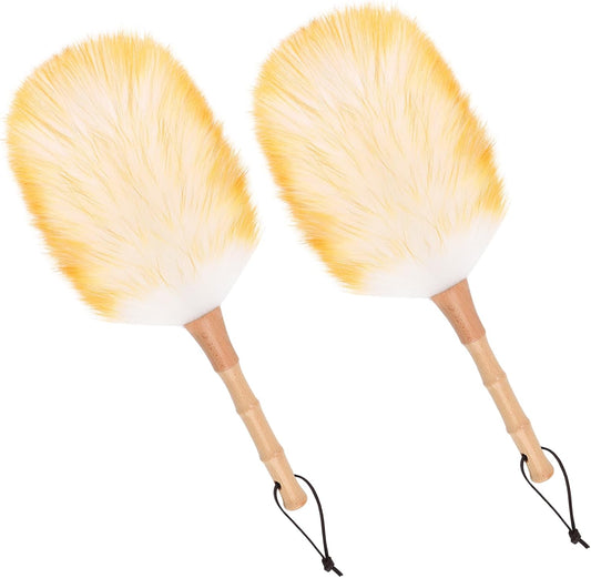Lambswool Duster for Cleaning with Solid Wooden Handle Leather Hang Strap 14.9 inch Natural Feather Duster for Cleaning Ceiling Fans Window Blinds Computer Furniture(2 Pack)
