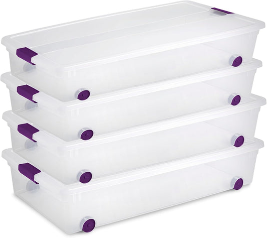 Sterilite 4-Pack 60 Quart ClearView Latch Box, Wheeled Underbed Organizer Bins with Latching Lids - Clear Plastic Organization Containers for Closet, Bedroom, Shelving Units and Everyday Home Storage