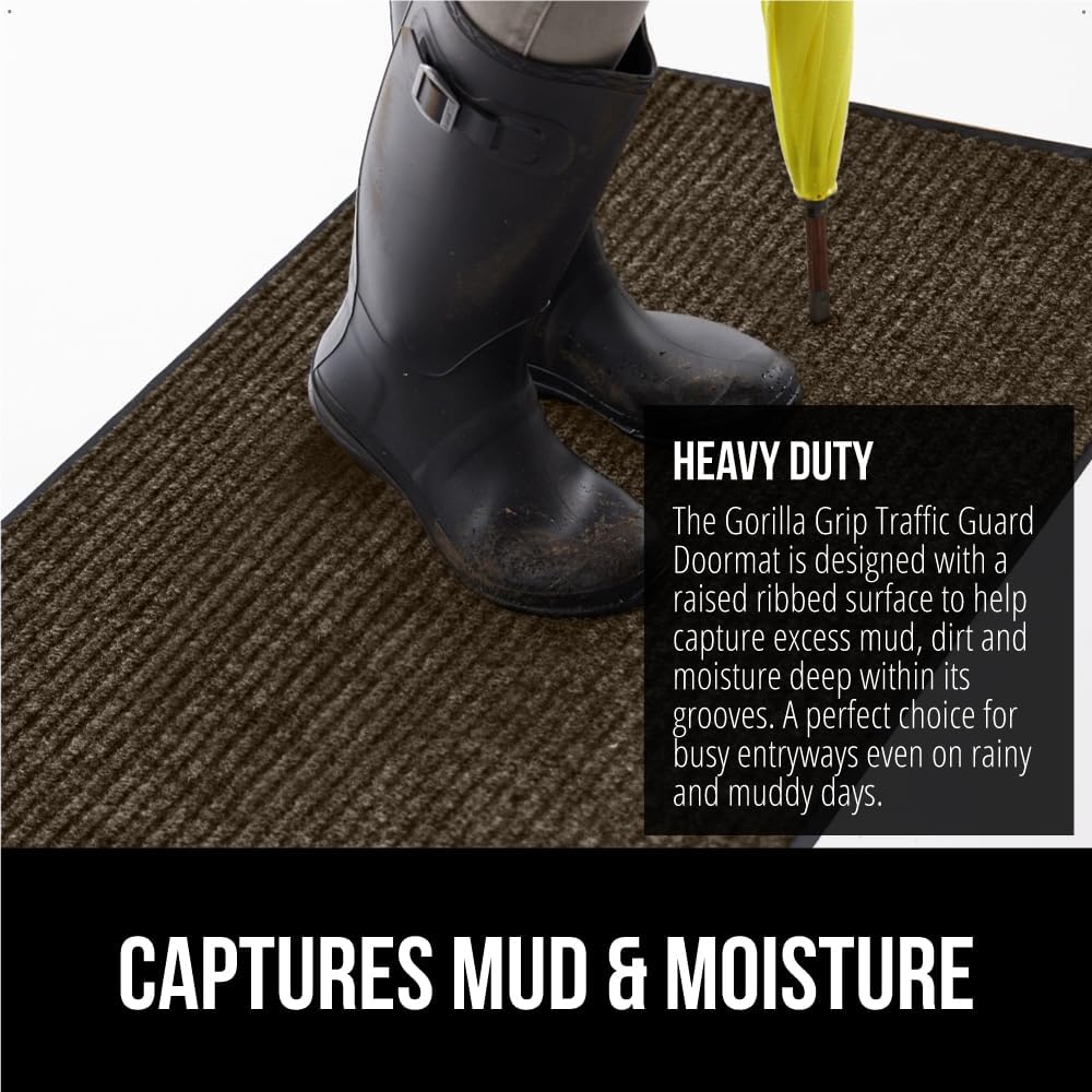 GORILLA GRIP Traffic Guard Door Mat, 47x35, Heavy Duty Welcome Mats, Commercial Office Space Doormat, Waterproof, Fade Resistant, Strong Rubber Backing, Low Profile, Shoe and Boot Scraper, Brown