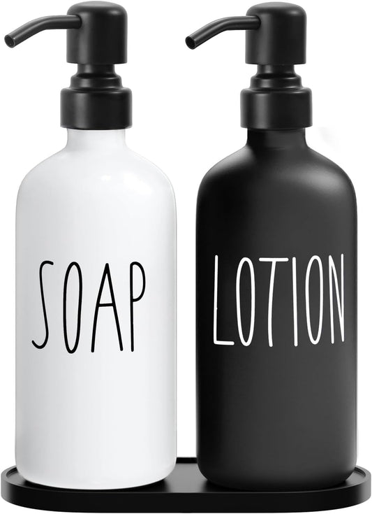 MOMEEMO Glass Soap Dispenser with Stainless Steel Pump, Contains Lotion Dispenser, Hand Soap Dispenser & Tray. (Black & White)