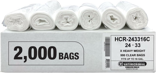 Aluf Plastics High Density Trash Bags, 12-16 Gallon, 2000 Count, 16 Micron (eq), 24" x 33", Clear, For Bathroom, Office, Industrial, Commercial, Janitorial, Municipal, & Recycling