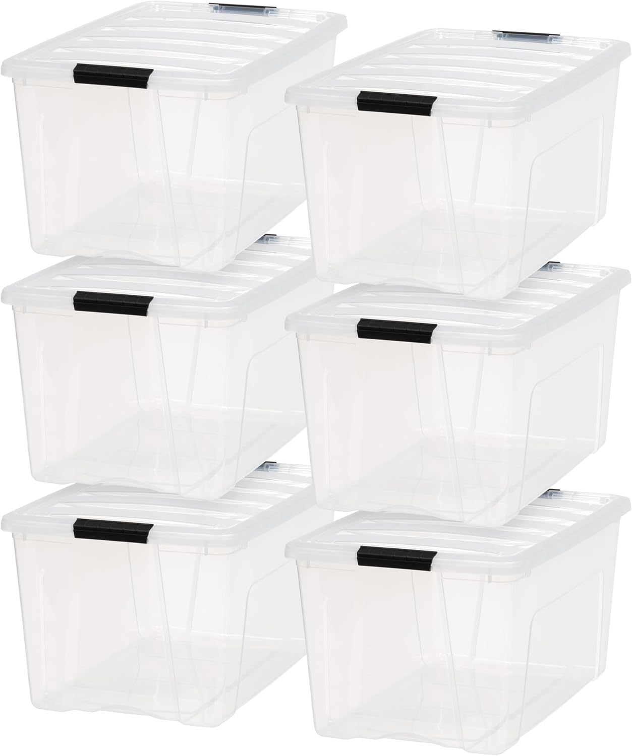 IRIS USA 72 Qt Stackable Plastic Storage Bins with Lids, 6 Pack - BPA-Free, Made in USA - See-Through Organizing Solution, Latches, Durable Nestable Containers, Secure Pull Handle - Clear