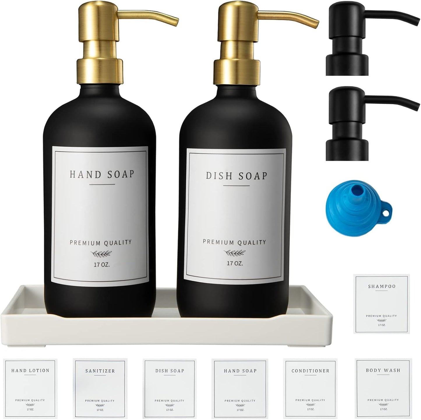 Glass Soap Dispenser for Kitchen Sink,Farmhouse Dish Soap Dispenser&Hand Soap Dispenser Set,Rustproof Pump Lotion Dispenser Bathroom with Tray,Waterproof Label for Kitchen Decor(Black