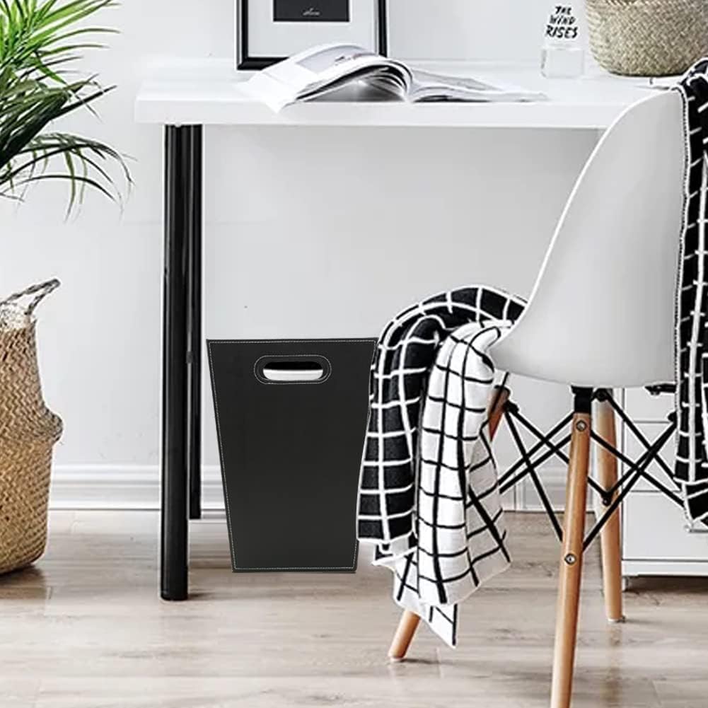 KINGFOM Classic Pu Leather Trash Can Wastebasket, Garbage Container Bin with Handles for Bathrooms, Powder Rooms, Kitchens, Home, Office and and High Class Hotel Square Black