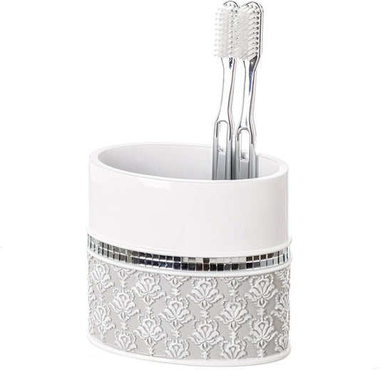 Creative Scents Mirror Damask Toothbrush Holder for Bathroom - Gray & White Toothbrush and Toothpaste Holder - Decorative Toothbrush Cup for Bathroom Holds Multiple Standard Or Electric Toothbrushes