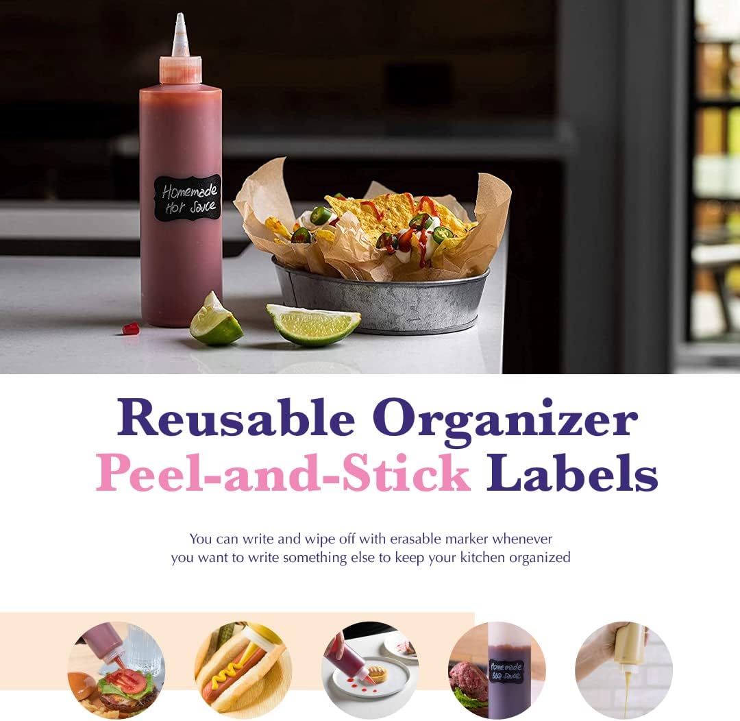 6-Pack Condiment Squeeze Bottles for Sauces - Includes Funnel, Erasable Marker & Reusable Labels, Perfect for Salad Dressings, Liquids, and Ketchup, Durable Plastic 12 oz Bottles