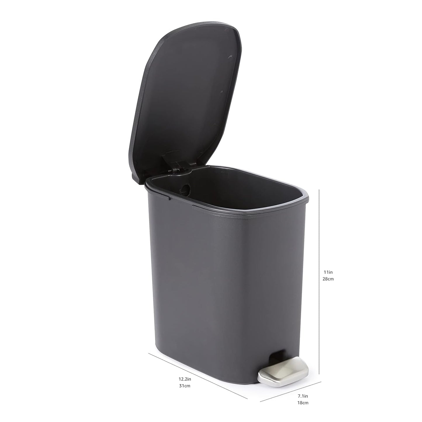 Amazon Basics Compact Plastic Bathroom Trash Can with Hands Free Foot Pedal, Quiet Close Step-On, 6 Liters, Black, Lid Included