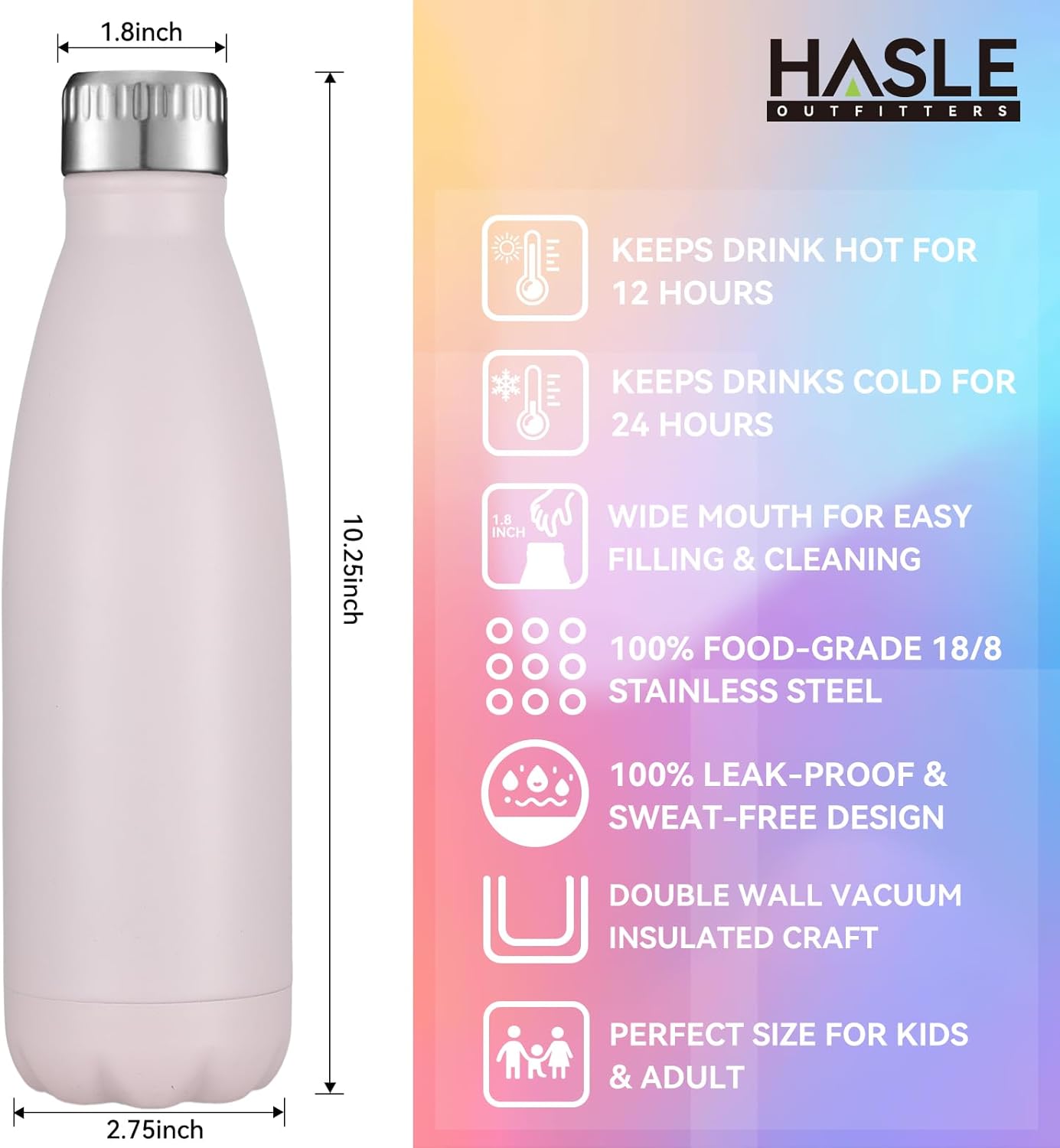 HASLE OUTFITTERS 17oz Stainless Steel Water Bottles Bulk, Vacuum Insulated Water Bottles Double Walled Powder Coated Reusable Metal Sports Water Bottles Keep Drinks Hot and Cold,Pink, 8Packs