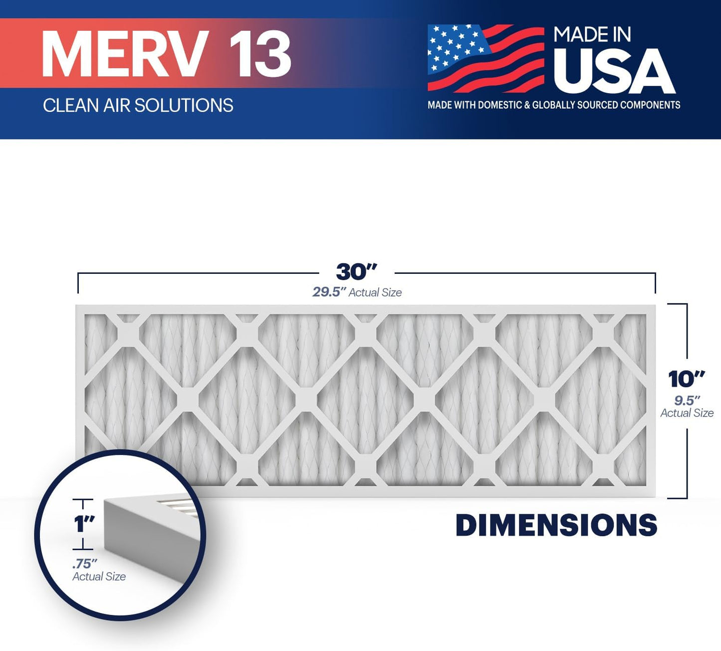 BNX TruFilter 10x30x1 Air Filter MERV 13 (4-Pack) - MADE IN USA - Electrostatic Pleated Air Conditioner HVAC AC Furnace Filters for Allergies, Pollen, Mold, Bacteria, Smoke, Allergen, MPR 1900 FPR 10
