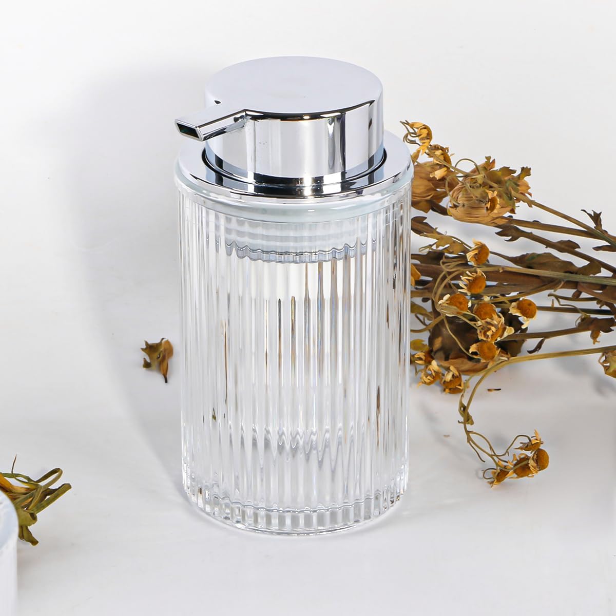 Clear Foaming Soap Dispenser, 12 Oz Glass Foaming Hand Soap Dispenser with Silver Pump, Bathroom Refillable Liquid Lotion Container Pump Ribbed Bottle for Kitchen Bathroom Decor, 1pc