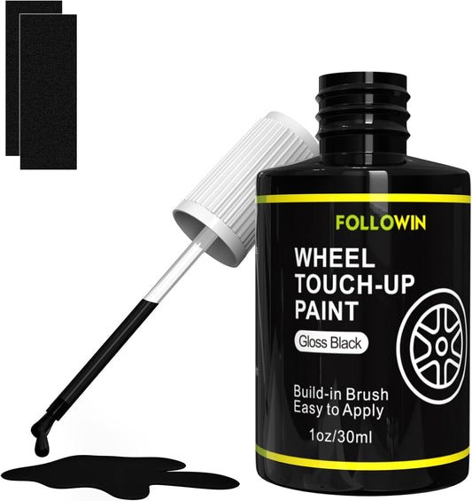 FOLLOWIN Gloss Black Rim Touch Up Paint for Cars, Wheel Rim Paint Repair Kit,Automotive Rim Scratch Repair,Repair Rim Curb Rash 1OZ(30ml)