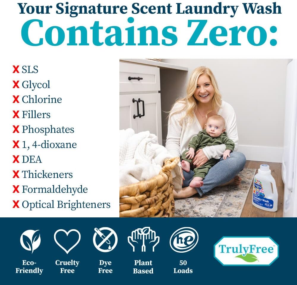 Truly Free Natural Laundry Detergent for Sensitive Skin | Eco Friendly, Plant Based, Baby Clothes Safe | Clean & Easy Powder to Liquid, 4 Pack Refill Detergent, NO Jug | Signature Scent, 200 Loads