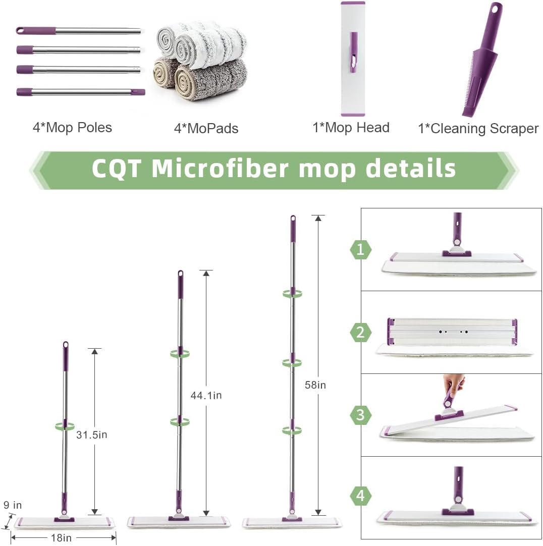 CQT Commercial Flat Microfiber Floor Mop Cleaning System 18" Inch Wet Dry and Dust Hardwood with 4 Washable Pads Cleaner for Laminate Tile Stainless Steel Handle and Extension (PT13-WET)