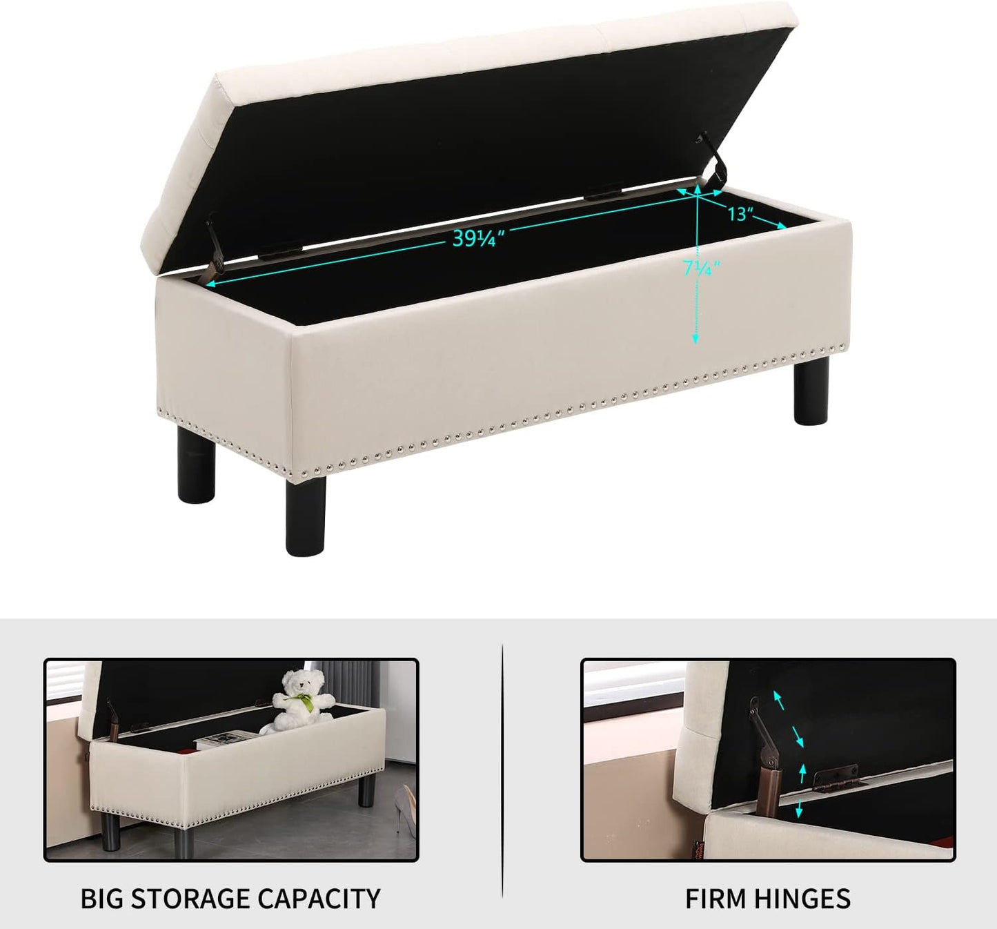 Furnimart 42.5 Inch Storage Ottoman Bench, Flip Top End of Bed Storage Bench, Upholstered Blanket Bench for Bedroom, Entryway, Living Room, Tufted Linen (Beige)