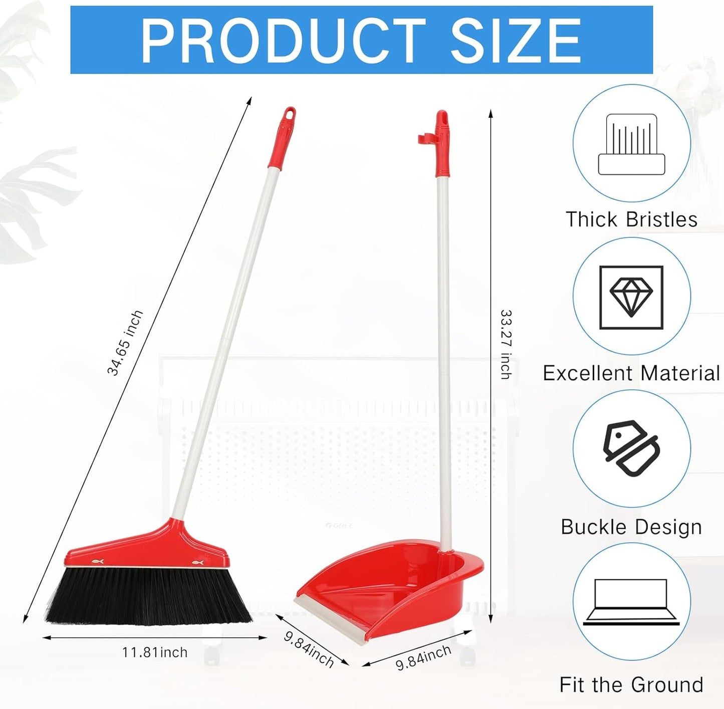 WILLBOND Set of 8 Broom and Dustpan Set Long Handle Broom with Upright Standing Dustpan Broom with Dustpan Combo Set Dust Pan with Long Handle for Lobby Kitchen Office Floor Outdoor Cleaning (Red)