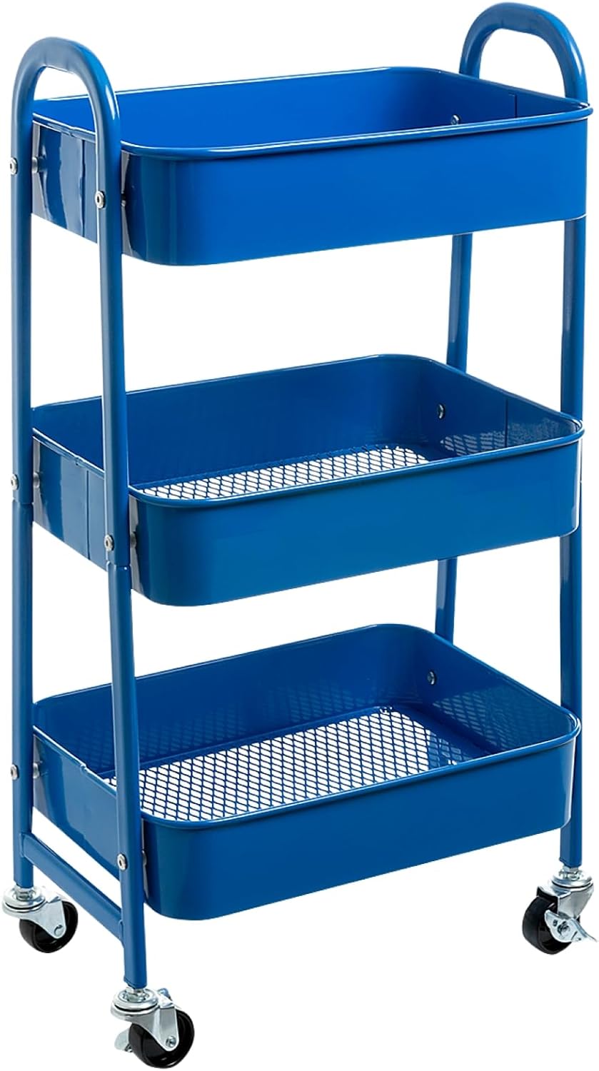 AGTEK Makeup Cart, Movable Rolling Organizer Cart,3 Tier Metal Utility Cart, Aristocratic Blue