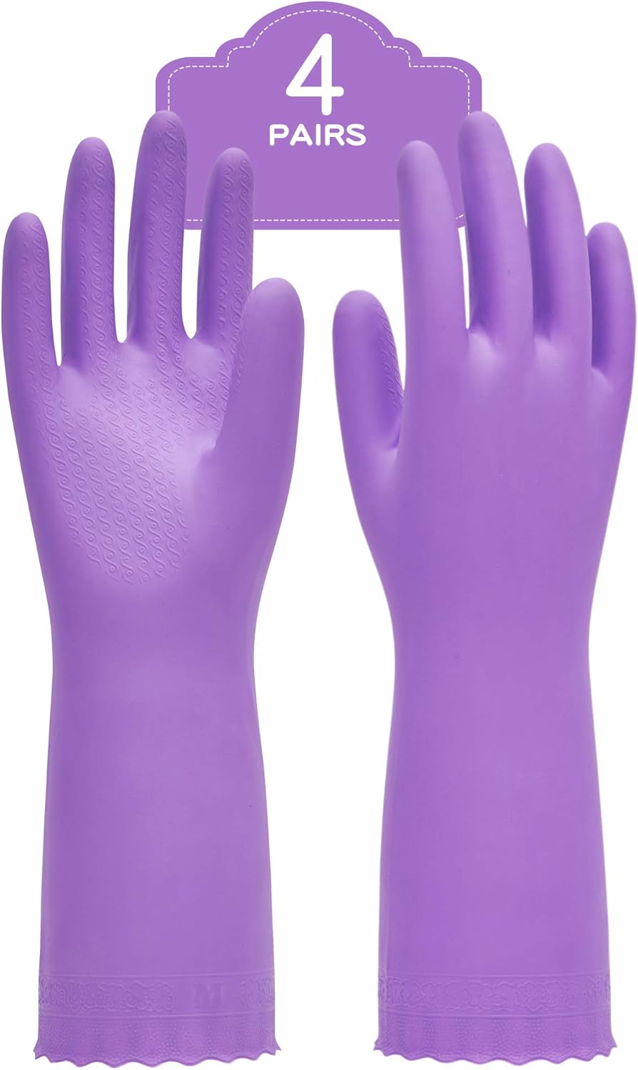 PACIFIC PPE 4 Pairs Reusable Dishwashing Cleaning Gloves with Latex Free, Cotton Lining, Kitchen Gloves, Purple, Large