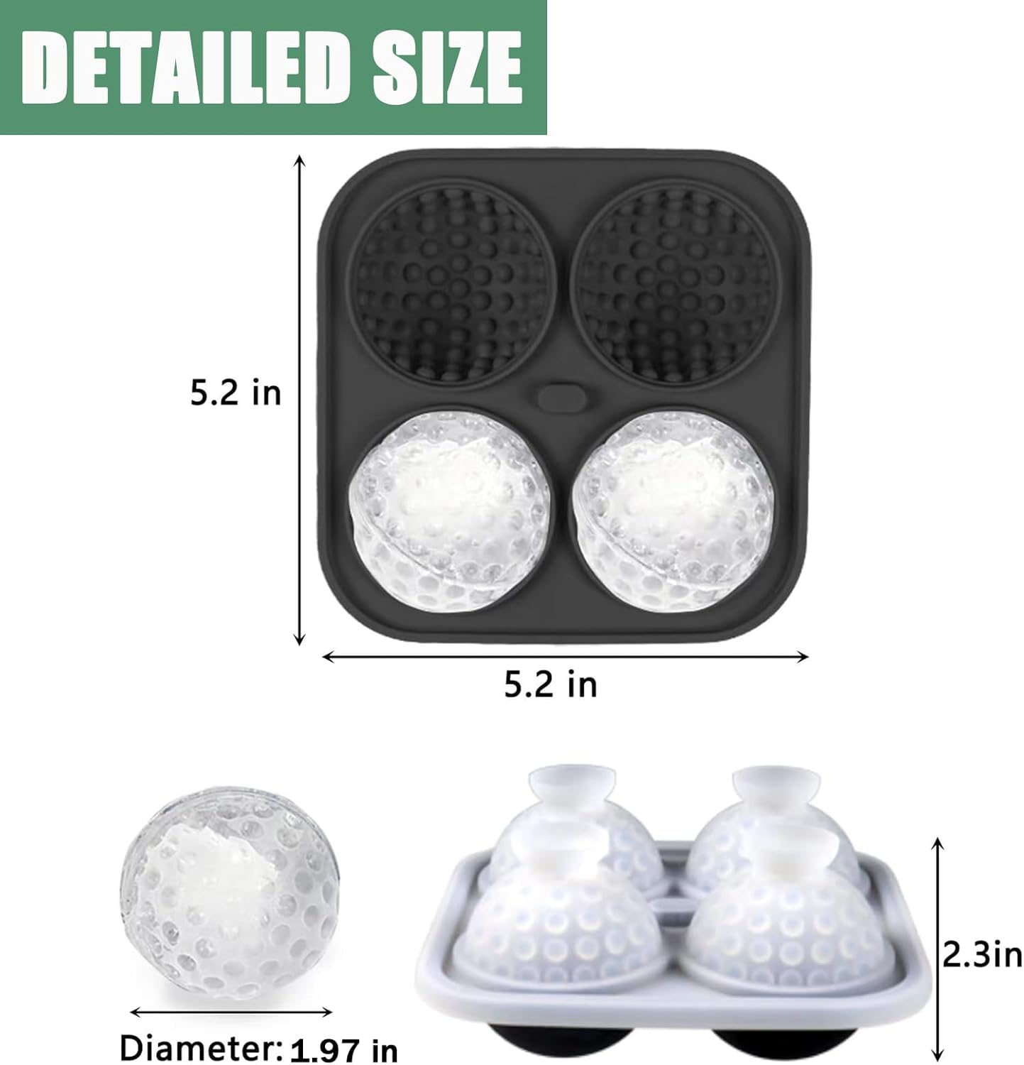 Golf Ice Cube Tray 3D, Admaison Ice Ball Cube Mold with Funnel for Cocktails, Bourbon,Brandy, Whiskey Gifts for Men, Silicone Fun Shapes Black (Golf Ball)