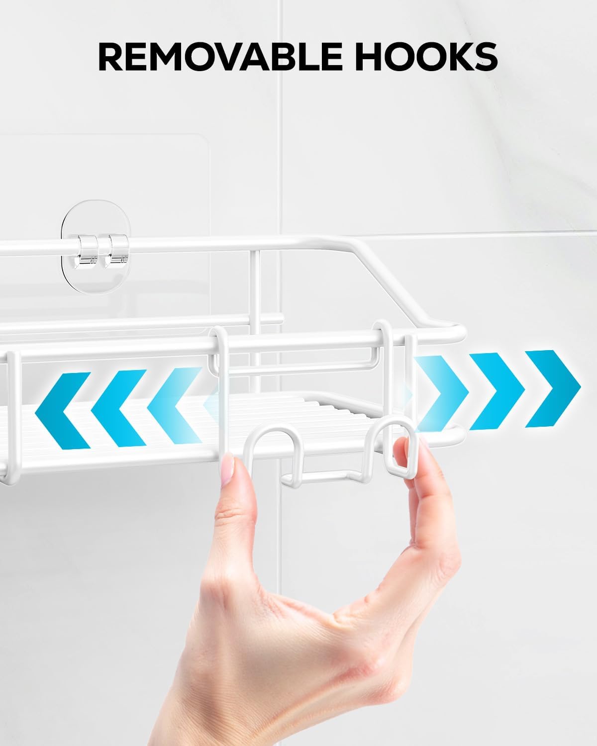 Nieifi Shower Caddy Shelf with Hooks Storage Rack Organizer Adhesive Stainless Steel Without Drilling for Bathroom, Lavatory, Washroom, Restroom, Shower, Toilet, Kitchen - 2 Pack (White)