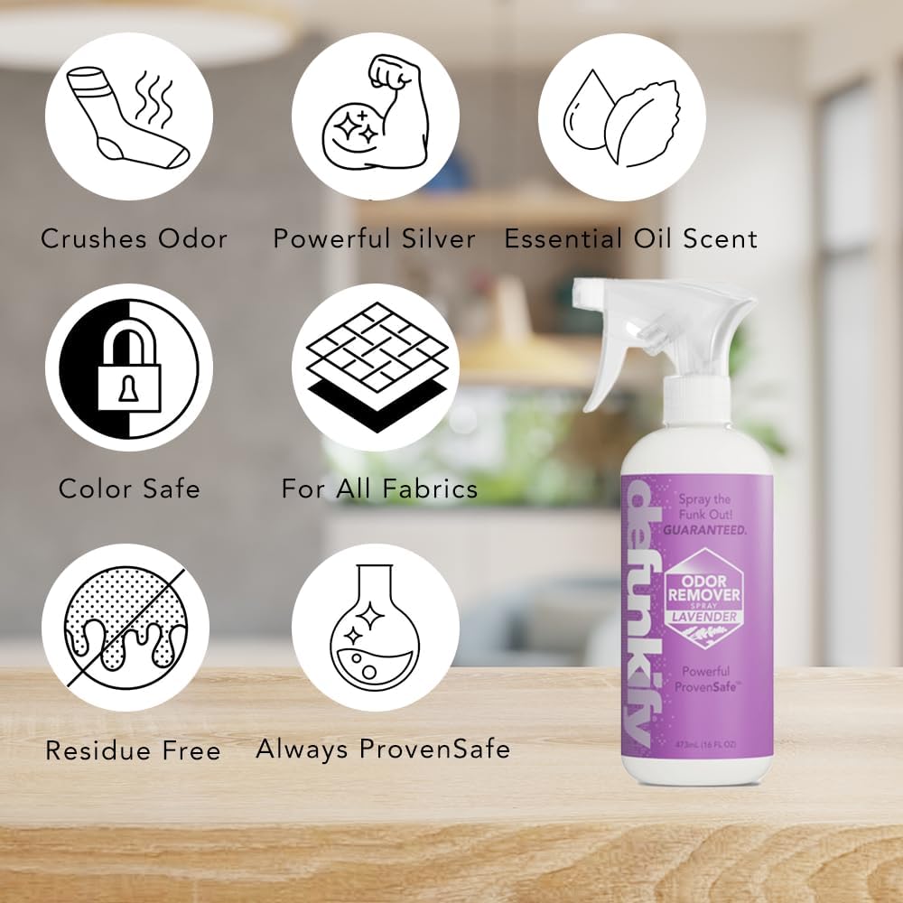 Odor Remover Spray, 16oz (2-Pack). 'Lavender' Essential Oil Odor Eliminator for Strong Odors on Fabric, Shoes, Activewear. 'ProvenSafe' Deodorizer for Pets, Kids & Sensitive Gear w/Ionic Silver