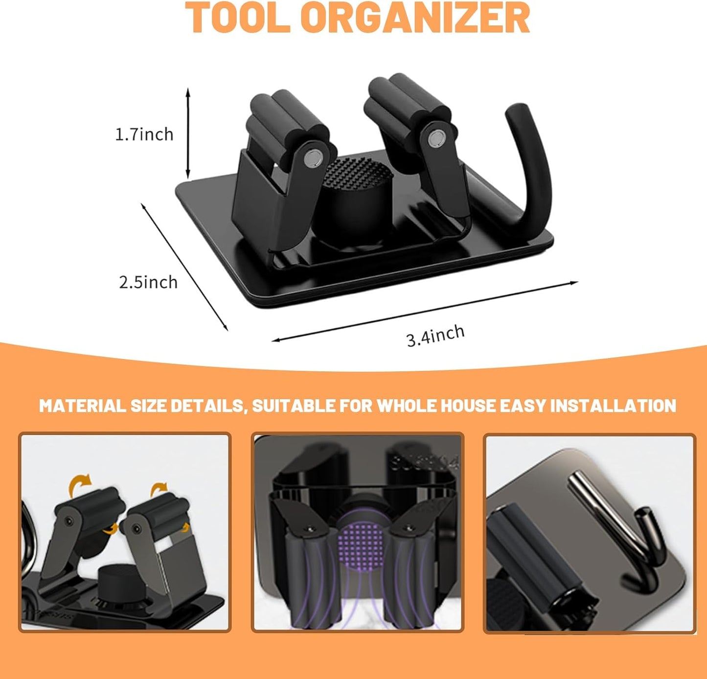 3 Pack Broom Holder Wall Mount,Stainless Steel Broom Holder with Hooks Screw, No Drill Self Adhesive Hanger Tool Rack Organizer for Closet Garage Laundry Room Kitchen Decor (Black) (3)