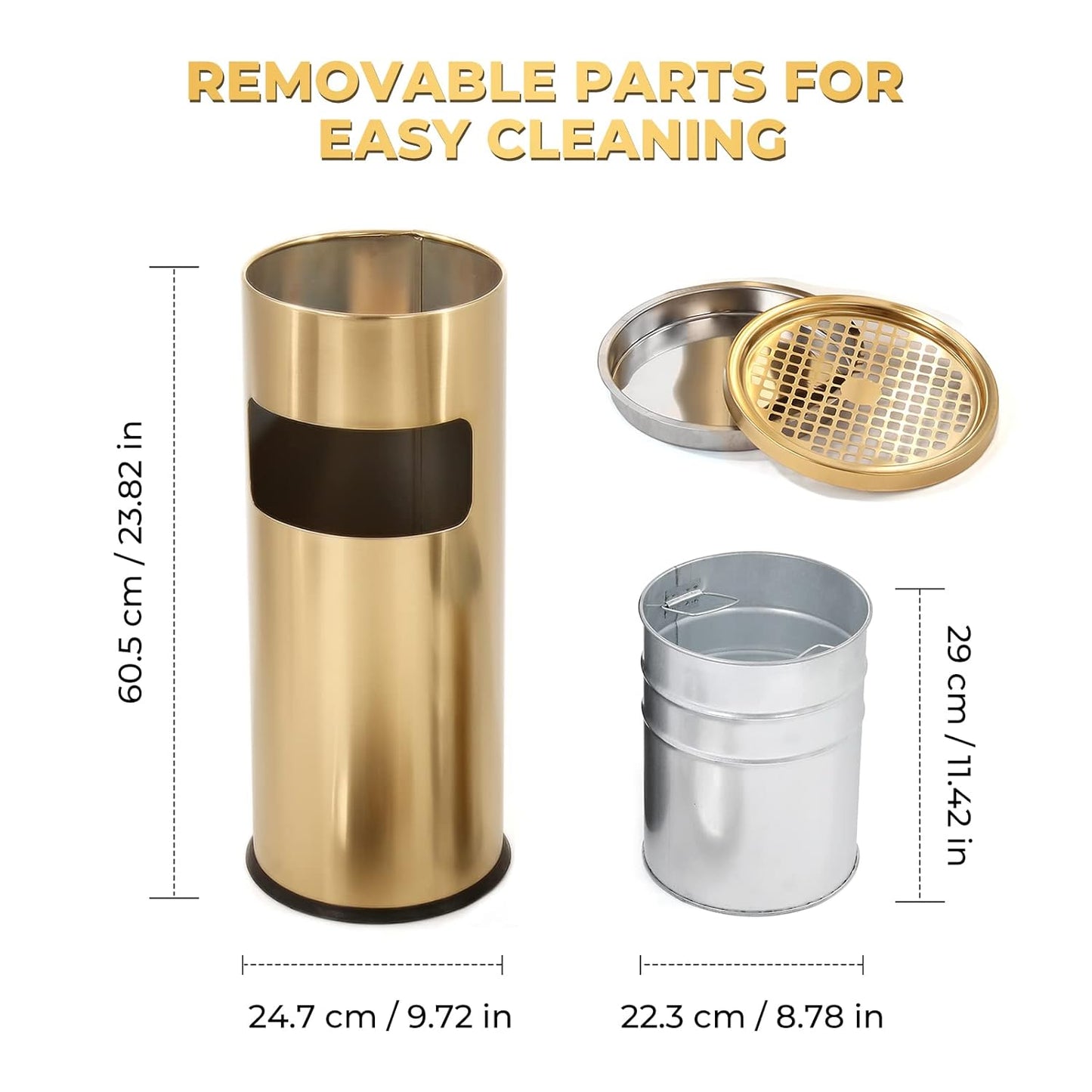 Trash Can Outdoor Waste Container Round Stainless Steel Trash Can with Removable Inner Bucket for Disposal Commercial Waste Container 9.8 x 24-Gold Tone