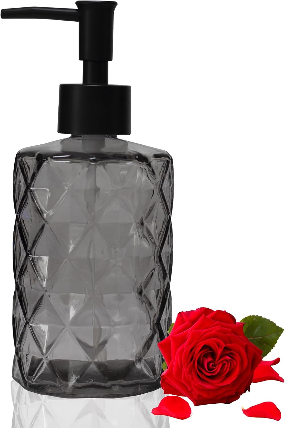 Glass Soap Dispenser with Black Plastic Pump, 12oz Refillable Liquid Hand Soap Dispenser, Crystal Lotion Bottle for Modern Home Decor, Bathroom, Kitchen Countertop, Hotel