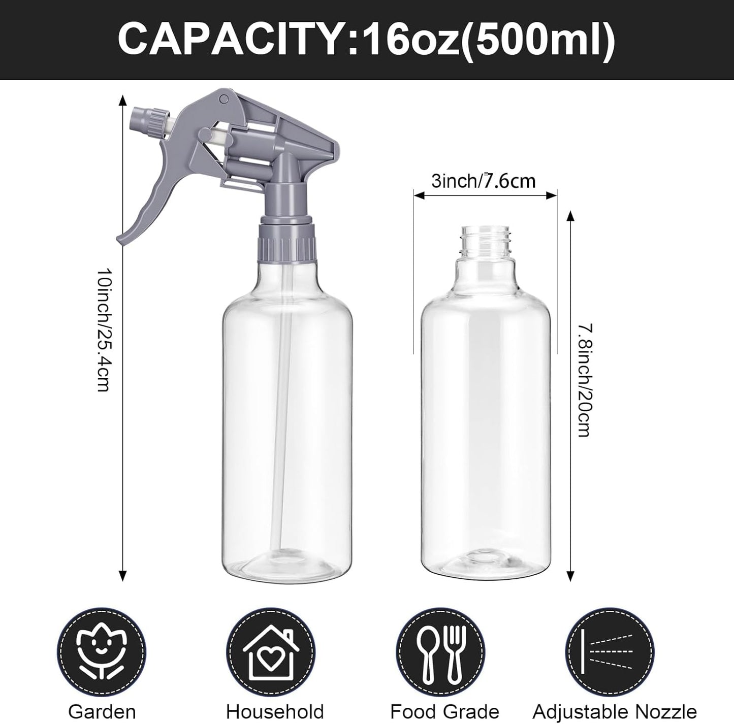 Eccliy 12 Pcs 16 Oz Plastic Spray Bottle, Adjustable Empty Reusable Sprayer for Cleaning, Planting, Water, Bathroom and Kitchen, BBQ, Commercial and Residential(Pure Grey,Clear)