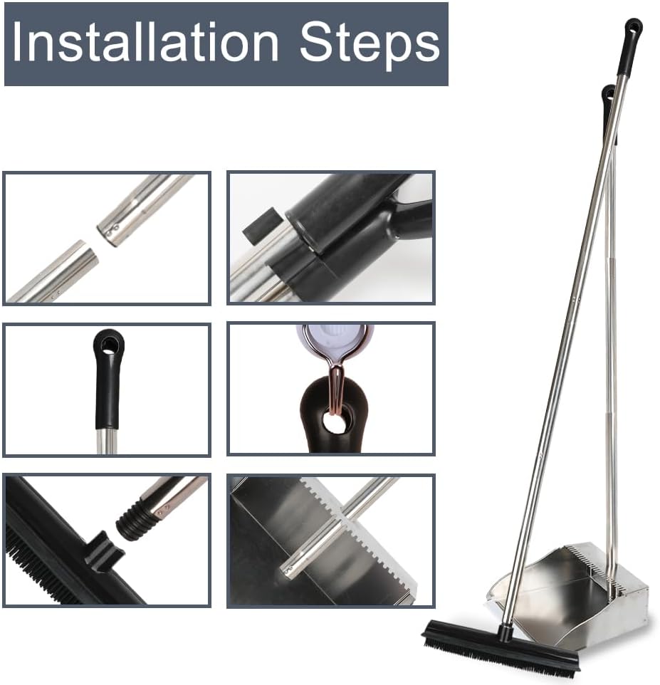 Rubber Broom and Dustpan Set,Pet Hair Removal Rubber Broom with Squeegee and Stainless Steel Dust Pan,Carpet Rake Push Broom and Dustpan for Fluff Hardwood Floor Tile (Black)