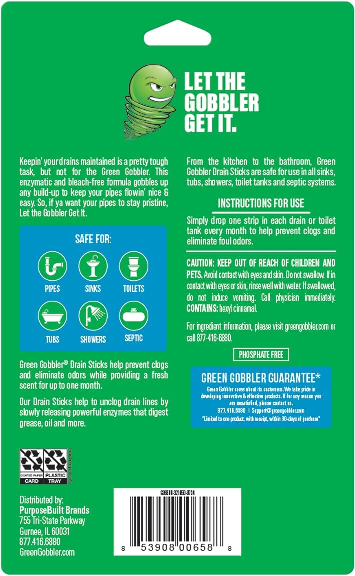Green Gobbler Drain Cleaner and Deodorizer Sticks with Enzymes - Maintain a Clean Drain, Safe for Pipes and Septic Tanks, Use Monthly - 12 Pack