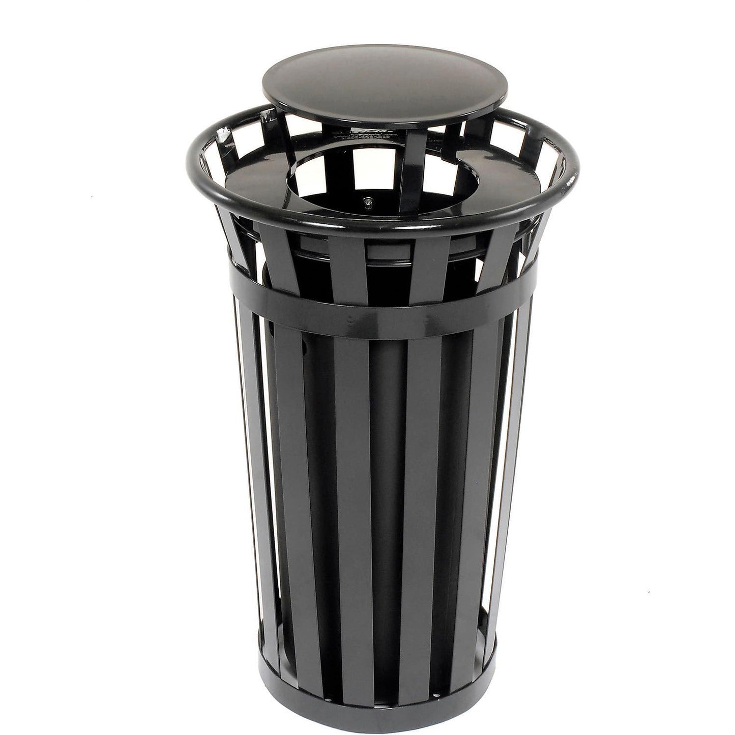 Global Industrial 24 Gallon Heavy-Duty Outdoor Metal Slatted Round Trash Receptacle with Rain Bonnet Lid, Powder Coat Finish, 23" Diameter x 41-3/4"H, Black